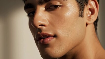 Man with Glowing Skin - Close-up of a young man's face showing healthy, glowing skin with a gentle sheen. The light catches the contours of his face, highlighting his features and skin texture.