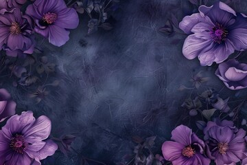 Elegant floral frame composed of vibrant purple flowers on a textured dark background, creating a beautiful and sophisticated design