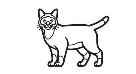 Fototapeta premium Simple black and white line art illustration of a standing Siamese cat, a domestic feline companion isolated on a white background