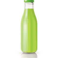 Clear glass bottle filled with vibrant green liquid on a white reflective surface with a transparent background and subtle shadow beneath