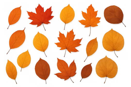 Autumn fall leaves creating a vibrant seasonal pattern of nature's changing colors on transparent background