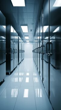 Data center hallway with server racks and overhead lighting suitable for business and technology content