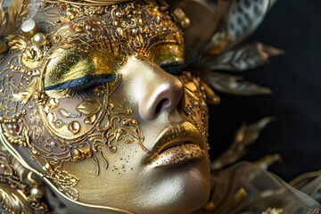 Fototapeta premium Golden mask with intricate details, feathers, and jewels evokes the luxury and mystery of venetian carnival celebrations