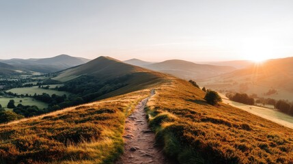 Fototapeta premium A serene landscape at sunrise, revealing rolling hills, a winding path, and lush greenery beneath a clear sky.