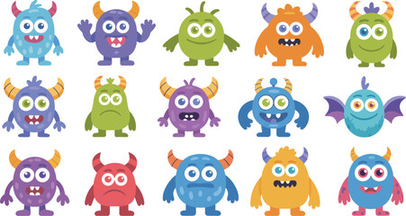 Set of cute cartoon monsters with colorful designs, funny fantasy creatures, adorable characters, kids illustration, and playful fantasy art