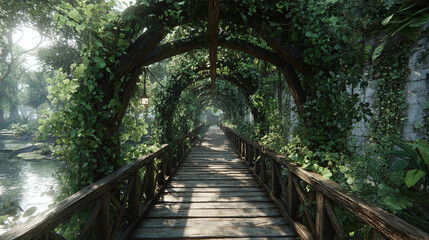 A serene pathway covered by lush greenery, leading the eye into a tranquil oasis. The image features a wooden bridge framed by arching vines and foliage, creating a tunnel-like effect.