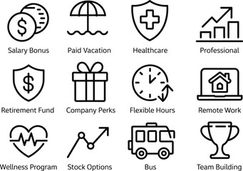 Set of employee benefit icons including salary bonus, paid vacation, healthcare, retirement fund, remote work, wellness program, and team building