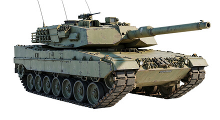 Detailed military main battle tank with olive drab paint and weathered texture, isolated on a white or transparent background, cutout, PNG