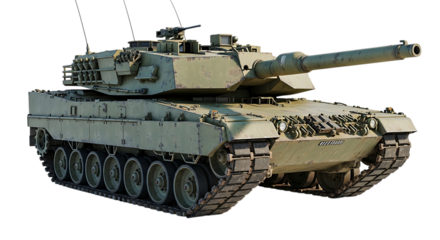 Detailed military main battle tank with olive drab paint and weathered texture, isolated on a white or transparent background, cutout, PNG