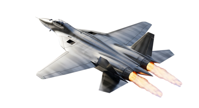 Metallic stealth fighter jet with engines firing bright orange flames, isolated on a white or transparent background, cutout, PNG