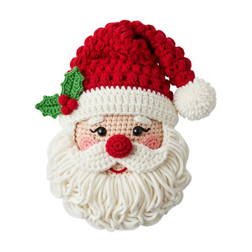 Crocheted santa claus face with red hat isolated on transparent background
