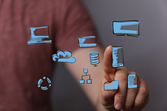 Hand interacting with digital icons,network, cloud, data, technology, connection, innovation, digital future.