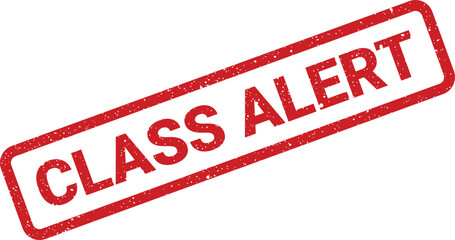 A prominent red rectangular rubber stamp featuring the distressed uppercase text CLASS ALERT on a clear white background