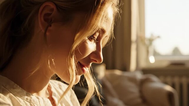 Golden Hour Portrait of a Smiling Woman - This is a close up shot of a blonde woman in golden sunlight, possibly reading or looking at something in her lap.