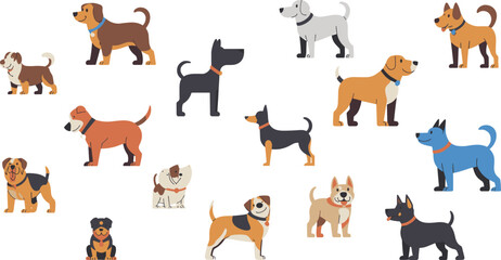 Set of fifteen cute cartoon dogs in various breeds and colors, playful domestic pets illustration collection on white background