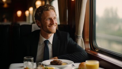 Handsome businessman in a suit having lunch in a fancy dining car, smiling while looking out the window and enjoying the beautiful scenery during his comfortable and luxurious journey