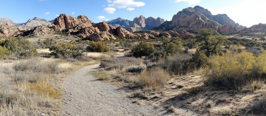 Expansive Desert Landscape with Rugged Red Rock Formations and Winding Trail Under a Blue Sky