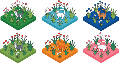 Set of six isometric garden scenes featuring cute cats walking among colorful flowers, plants, and grass in vibrant designs