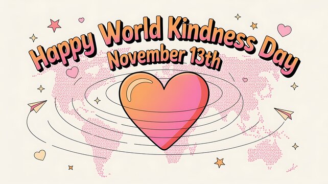 World kindness day greeting card with a girl holding heart shaped balloons isolated on white background