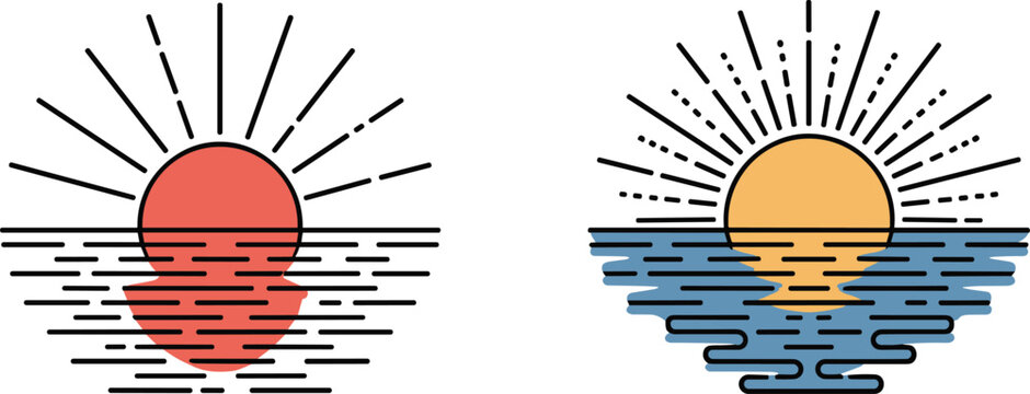 Minimal sunset and sunrise vector illustration with sun rays and ocean reflection