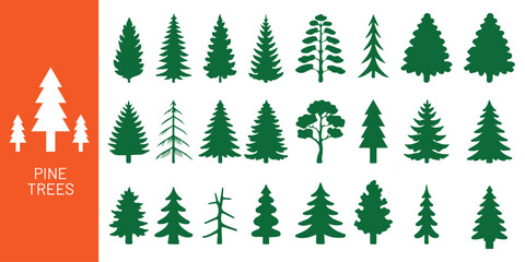 Silhouette pine trees, black evergreen icons, forest illustration, conifer shapes, nature design, winter elements, tree clipart, isolated vector trees. Tree silhouette set, pine and deciduous icons se