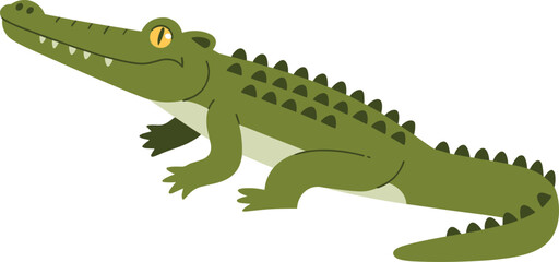 Simple cartoon illustration of a green crocodile with open mouth showing teeth, cute flat animal character on white background