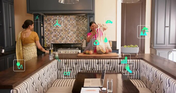 Mother bringing mesh bags and daughter unpacking on cutting board, home icons guiding meal prep