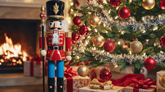 Christmas Nutcracker by Fireplace - A close up shot of a decorative nutcracker soldier stands in front of a Christmas tree with gold and red ornaments.