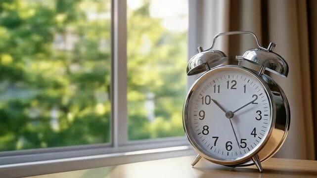 Classic silver alarm clock on wooden table by window with green foliage background time wake up morning routine