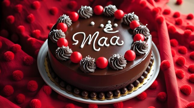 Beautiful Chocolate truffle cake topped with red cherry written "Maa" in hindi means mother in red background. side view . Concept of giving thanks or birthday or mother's day or any occasion of mom.