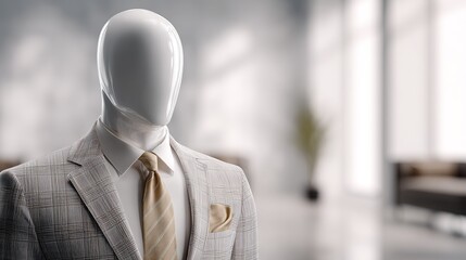 Close up of faceless white male mannequin torso dressed in light plaid suit jacket white collared shirt and striped tan necktie set against blurred office background