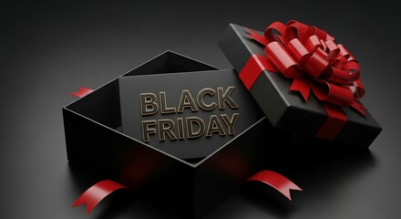 Black friday sale concept with black gift box, red ribbon bow, and golden text on dark background