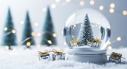 Dreamy christmas snow globe with christmas tree and gift boxes on white background with bokeh lights