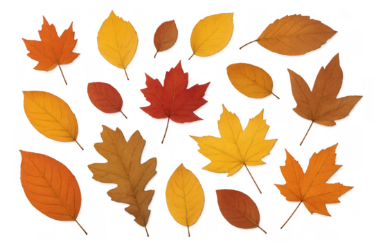 Autumn leaves collection featuring a variety of maple, oak and general foliage in warm fall colors, transparent background - Powered by Adobe