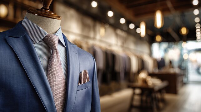 Close up of  blue tailored suit jacket on  mannequin display featuring  striped shirt patterned tie and pocket square inside  boutique setting