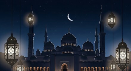 A beautiful mosque with lanterns and a crescent moon in the night sky, creating a serene atmosphere