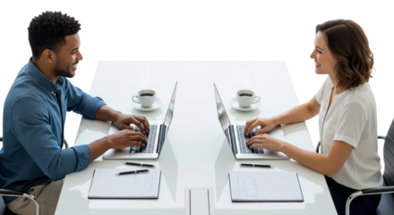 Two business people working together with laptops on table and looking happy isolated on white or transparent background