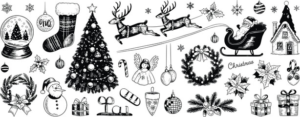 Vintage black and white Christmas illustration set with Santa sleigh reindeer snowman Christmas tree wreath gift house holiday elements