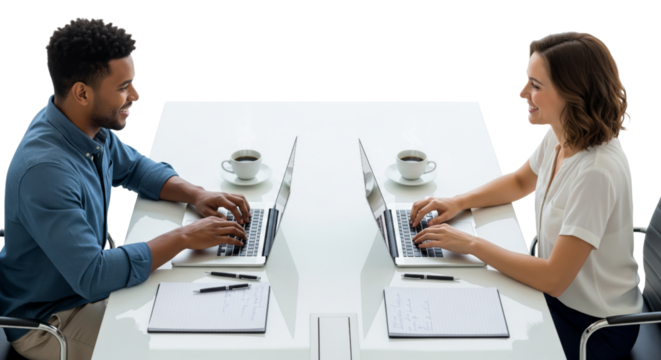 Two business people working together with laptops on table and looking happy isolated on white or transparent background