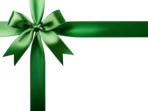  Green gift bow and ribbon for present wrapping. Isolated on transparent background
