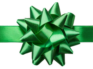  Green gift bow and ribbon for present wrapping. Isolated on transparent background
