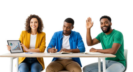Group of young people working together and showing chart on tablet isolated on white or transparent background