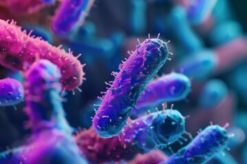 Microscopic view of rod shaped bacteria with pili, causing infectious disease