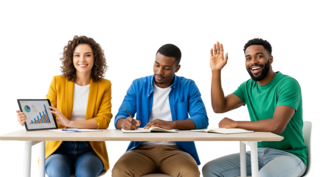 Group of young people working together and showing chart on tablet isolated on white or transparent background - Powered by Adobe