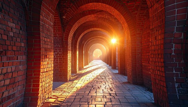 A long, arched brick walkway bathed in warm sunlight, with dramatic shadows stretching across the cobblestone floor.