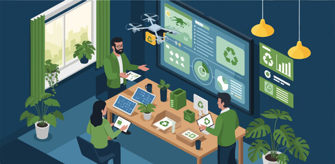 Eco Startup Founders Presenting Biodegradable Product Design — Semi-Isometric Vector