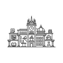 Obraz premium Modern linear illustration of an academic institution, representing knowledge, research, and diverse fields of study.