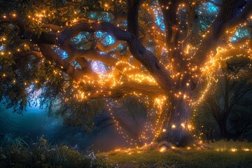 Naklejka premium Glowing fairy lights adorn a majestic oak tree in a magical, enchanted forest, creating a breathtaking nocturnal scene