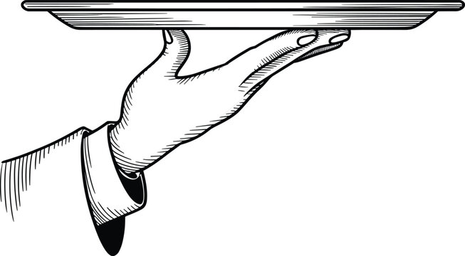 Vintage black and white illustration of waiter’s hand holding serving tray, elegant hospitality design element for restaurant, service, and menu graphics