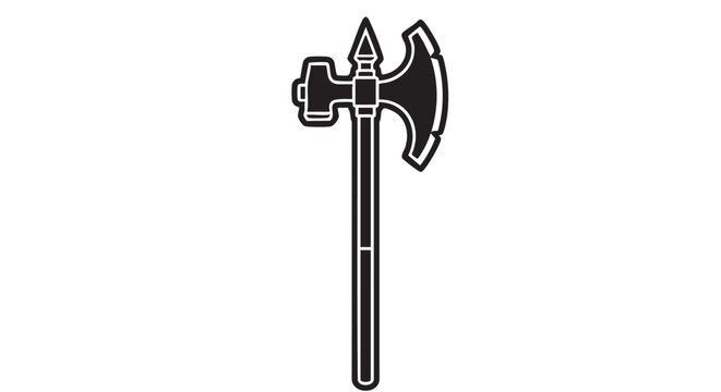 A black and white line art icon of a medieval poleaxe or halberd. Simple vector illustration of a historical knight's battle weapon for fantasy or warfare concepts